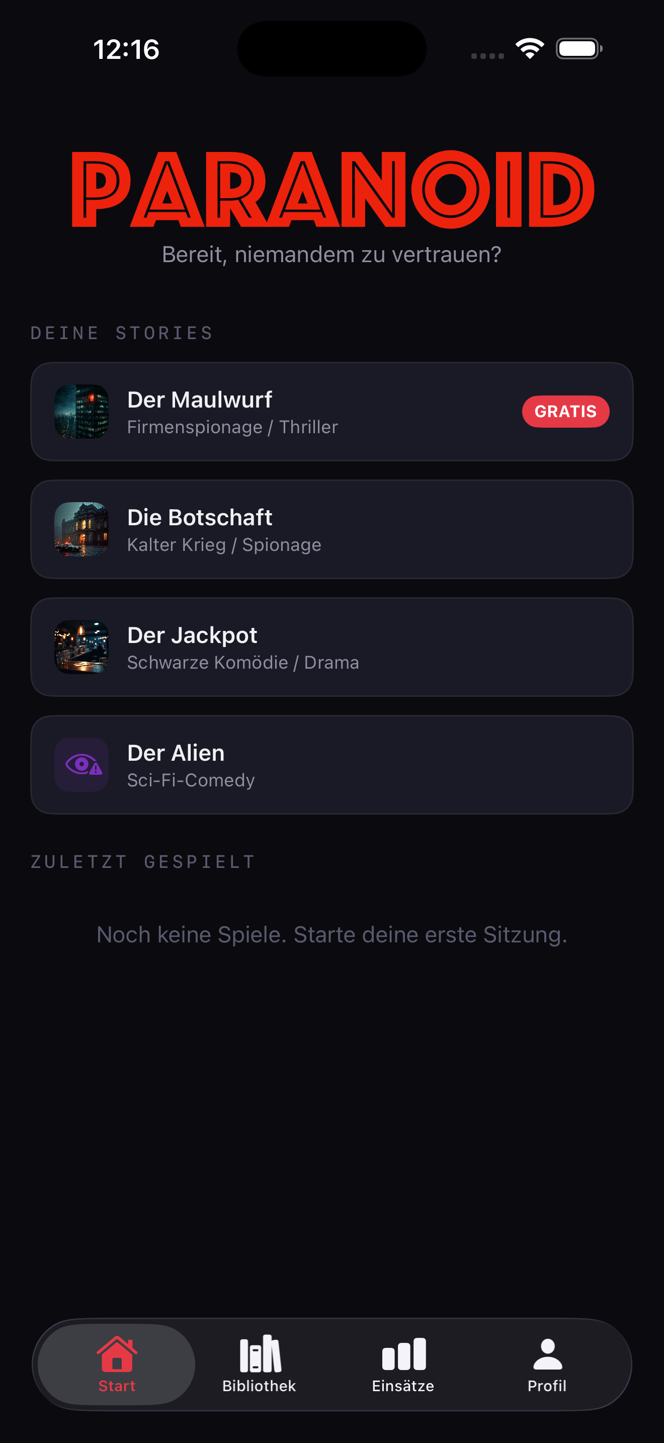 PARANOID game lobby - player setup screen